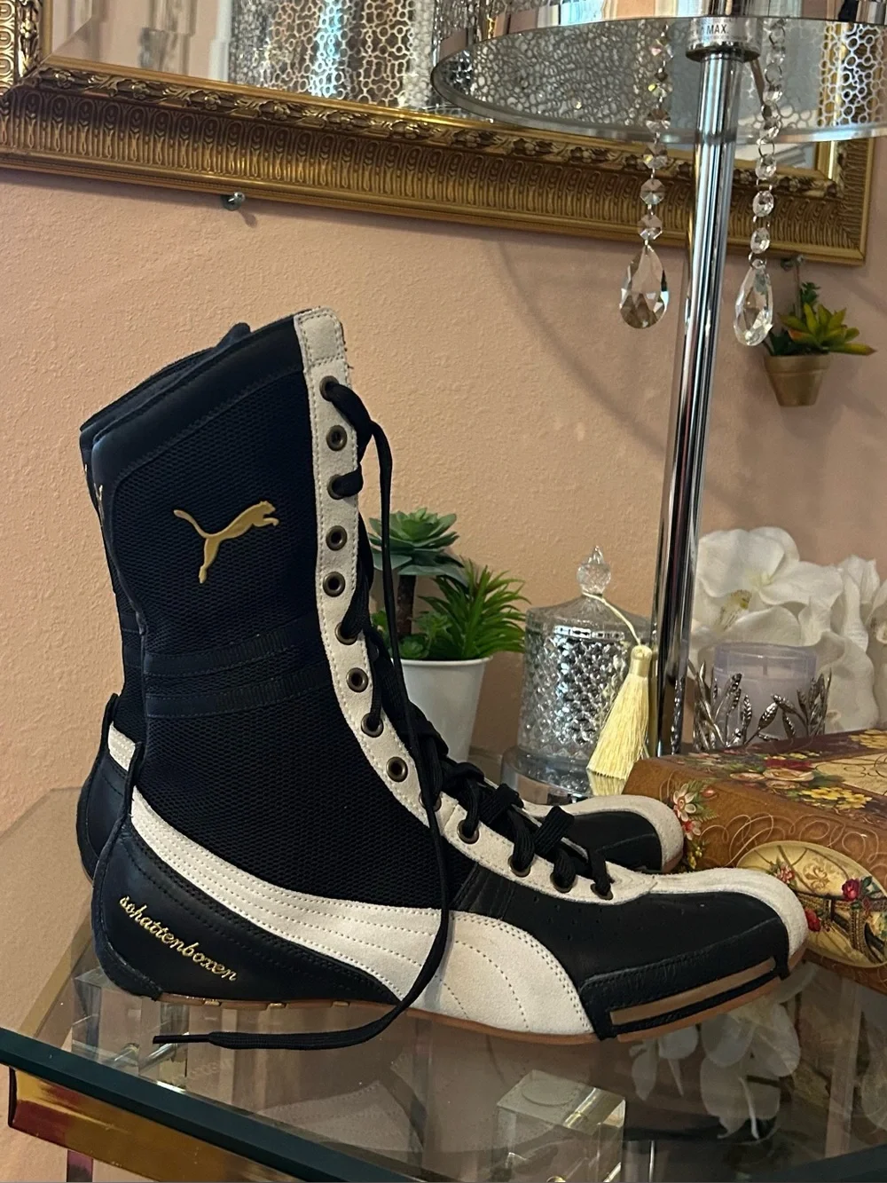 Vintage Puma Schattenboxen Boxing Boots Black and Cream High-Top Sneakers 11/12